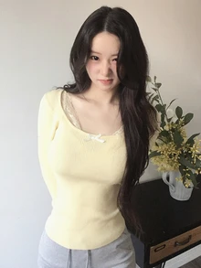 DAZY Women's Contrast Lace Fitted Elastic Ribbed Long Sleeve Scoop Neck Casual Vacation Daily Korean Style Autumn/Winter Knit Sweater - Yellow - View 1