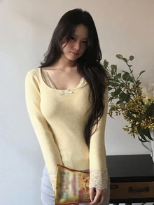 DAZY Women's Contrast Lace Fitted Elastic Ribbed Long Sleeve Scoop Neck Casual Vacation Daily Korean Style Autumn/Winter Knit Sweater - Yellow - View 4