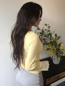 DAZY Women's Contrast Lace Fitted Elastic Ribbed Long Sleeve Scoop Neck Casual Vacation Daily Korean Style Autumn/Winter Knit Sweater - Yellow - View 2