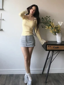 DAZY Women's Contrast Lace Fitted Elastic Ribbed Long Sleeve Scoop Neck Casual Vacation Daily Korean Style Autumn/Winter Knit Sweater - Yellow - View 3