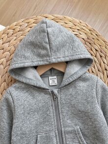 SHEIN [Random 1 Piece]Baby Girls Boys Solid Color Hooded Zip-Up Casual Modest Vacation First Birthday Long Sleeve Sweatshirt Fall/Winter - Light Grey - View 4