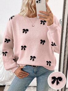 SHEIN 2024新款欧美博主风可爱蝴蝶结设计休闲套头毛衣减龄针织套头衫秋冬 - 彩色 - 查看 9