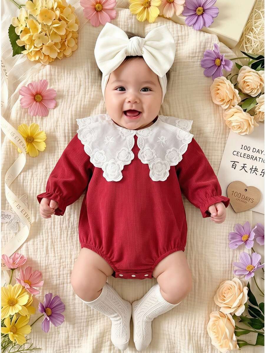 SHEIN 1件女嬰連身衣,甜美紅白色花卉蕾絲領結蝴蝶結荷葉邊長袖圓領常規款,聖誕派對冬季聖誕 Hiver 按扣開合 - 紅色 - 查看 1