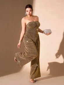 Cravure Plus Size Women's Strapless Ruched Wide Leg Knit Jumpsuit Cocktail Date Night Black Summer Sexy 70's - Gold - View 3