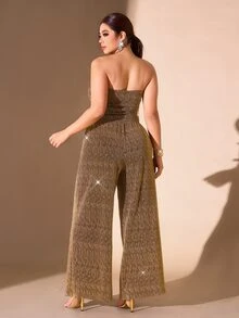 Cravure Plus Size Women's Strapless Ruched Wide Leg Knit Jumpsuit Cocktail Date Night Black Summer Sexy 70's - Gold - View 2