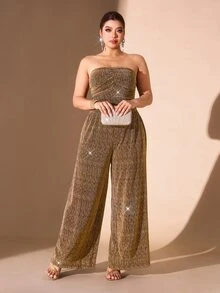 Cravure Plus Size Women's Strapless Ruched Wide Leg Knit Jumpsuit Cocktail Date Night Black Summer Sexy 70's - Gold - View 6