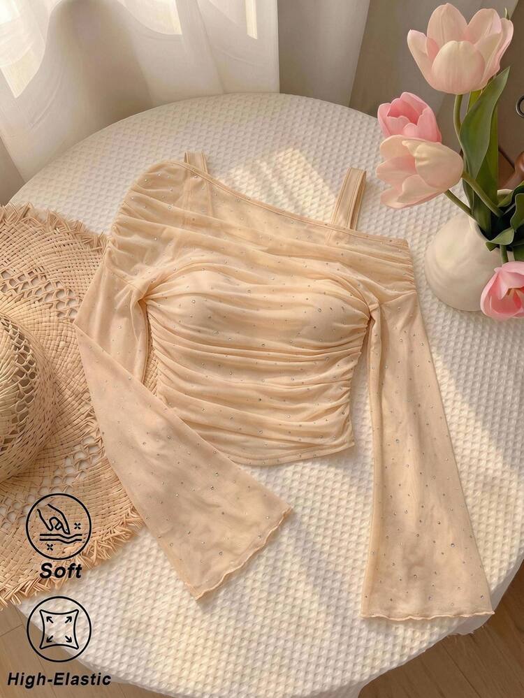 SHEIN MOD Women's Sequin Shoulder Solid Color Ruched Flare Sleeve Long Sleeve Pink T-Shirt,Christmas ,Party - Apricot - View 4