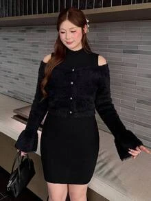 Bijouette Plus Size Mock Neck Sleeveless Dress + Fuzzy Cardigan, 2 Pieces Set, Slim Fit Sweater Dress, Flattering Belly And Hip Coverage, Slimming, Pear And Apple Shape Friendly, Non-Tight Fit, Japanese Gentle Style, Suitable For Commute, Date, Travel - Black - View 1
