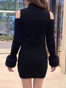 Bijouette Plus Size Mock Neck Sleeveless Dress + Fuzzy Cardigan, 2 Pieces Set, Slim Fit Sweater Dress, Flattering Belly And Hip Coverage, Slimming, Pear And Apple Shape Friendly, Non-Tight Fit, Japanese Gentle Style, Suitable For Commute, Date, Travel - Black - View 5