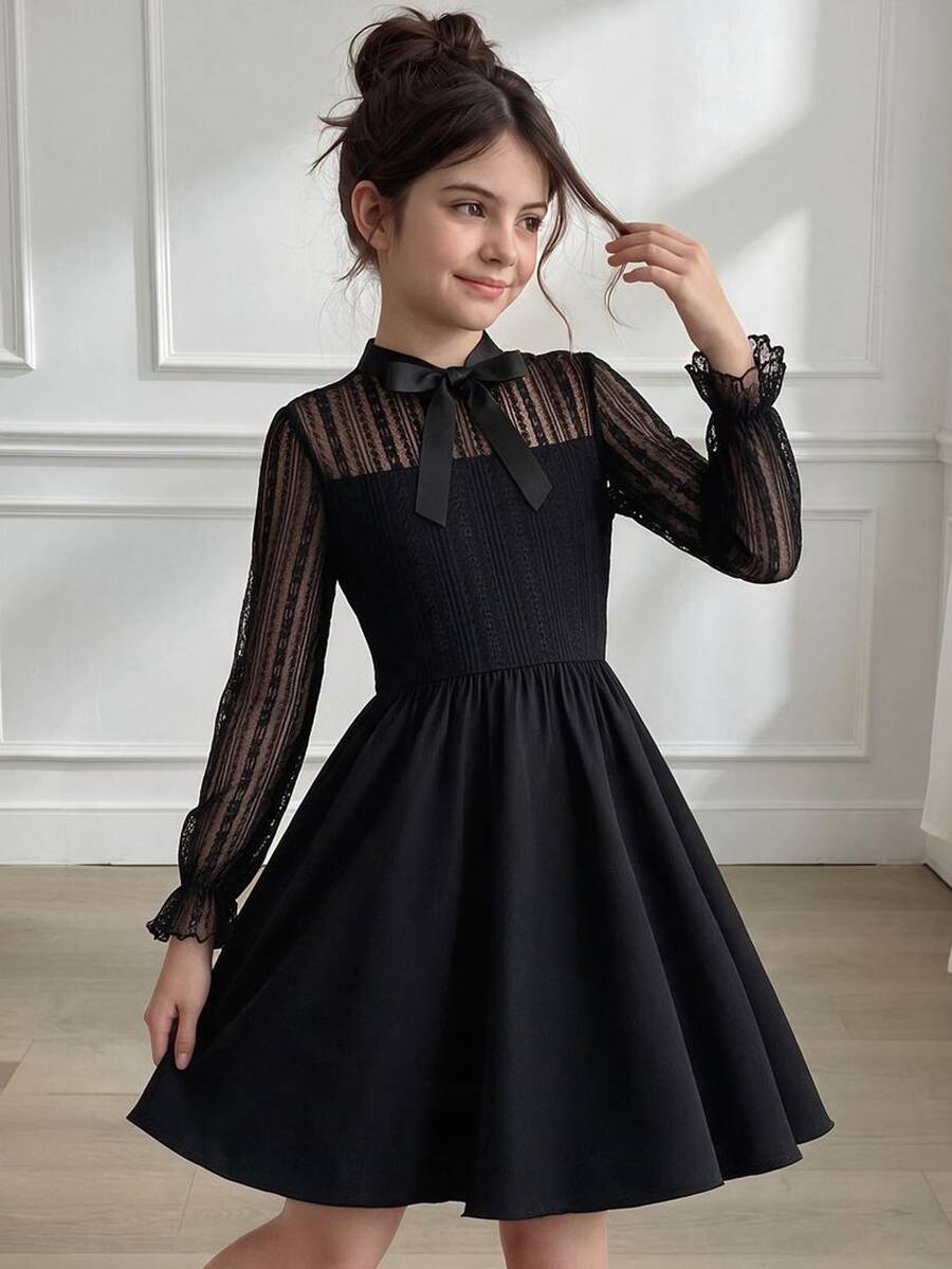 SHEIN Đầm mini đen cho bé gái tween, đầm dự tiệc homecoming phong cách mùa thu Mỹ, outfit mùa thu - màu đen - Xem 1