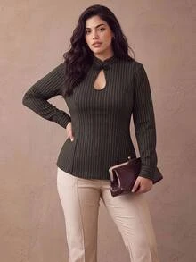 Juhart Fashionable Frog Button Water Drop Collar Waist-Cinching Design Striped Women's Top - Black - View 6