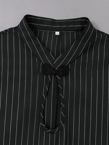 Juhart Fashionable Frog Button Water Drop Collar Waist-Cinching Design Striped Women's Top - Black - View 7