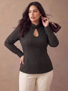 Juhart Fashionable Frog Button Water Drop Collar Waist-Cinching Design Striped Women's Top - Black - View 3