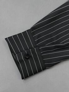 Juhart Fashionable Frog Button Water Drop Collar Waist-Cinching Design Striped Women's Top - Black - View 10