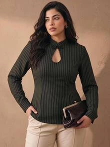 Juhart Fashionable Frog Button Water Drop Collar Waist-Cinching Design Striped Women's Top - Black - View 1