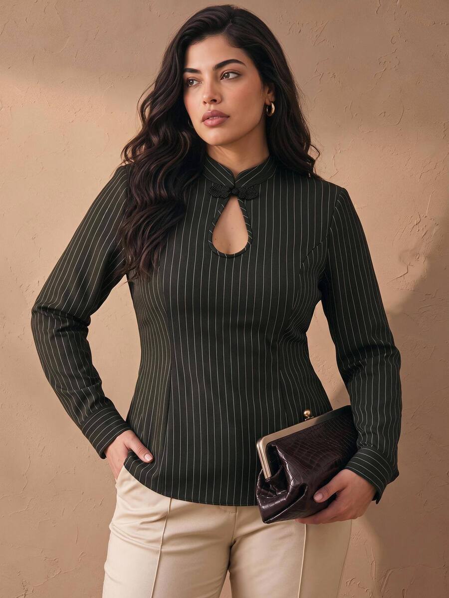 Juhart Fashionable Frog Button Water Drop Collar Waist-Cinching Design Striped Women's Top - Black - View 1