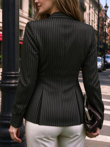 Juhart Fashionable Frog Button Water Drop Collar Waist-Cinching Design Striped Women's Top - Black - View 2
