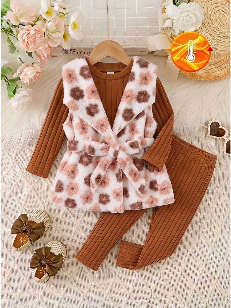 SHEIN 3pcs Toddler Girl Vest Top Pants Sweet Cute Brown Pink Fuzzy Plush Bow Leopard Print Ribbed Sleeveless Lapel Thick Outdoor Fall Photo Shoot Gifts Knit - Khaki - View 1