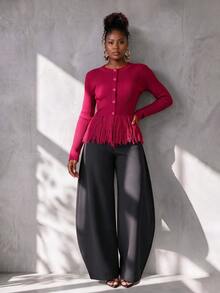 BamGlimmer Women's Autumn/Winter Long Sleeve Knitted Cardigan Sweater With Vertical Ribbed Texture, Buttons And Tassel - Hot Pink - View 3