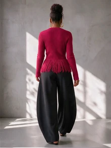 BamGlimmer Women's Autumn/Winter Long Sleeve Knitted Cardigan Sweater With Vertical Ribbed Texture, Buttons And Tassel - Hot Pink - View 2
