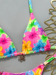 SHEIN Swim Women Brown And Blue Polka Dot Halter Tie Two Pieces Bikini Swimwear Bikini Set, - Multicolor - View 7