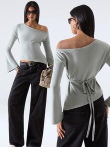 LYSMO Women's Solid Color Asymmetrical Shoulder Casual Daily T-Shirt Everyday Sage Green - Green - View 1