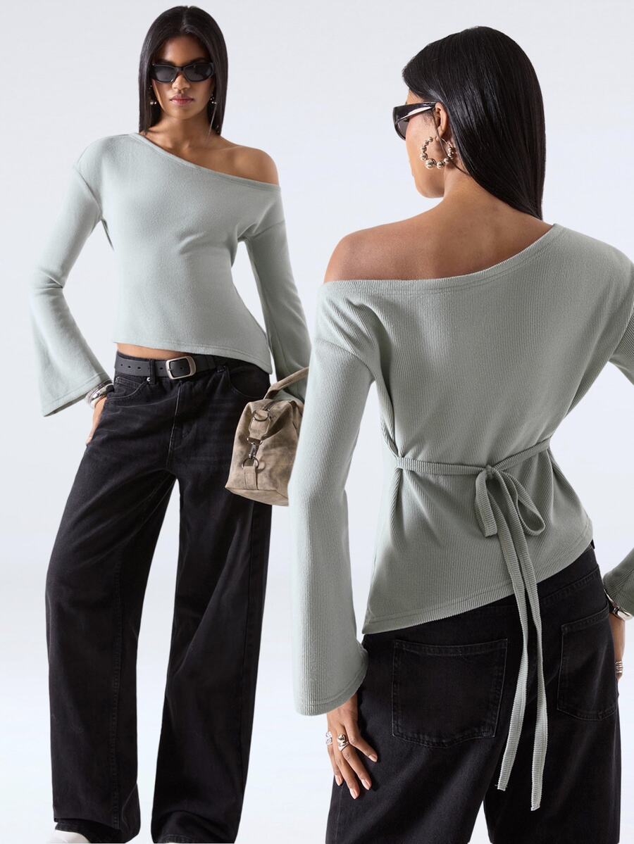 LYSMO Women's Solid Color Asymmetrical Shoulder Casual Daily T-Shirt Everyday Sage Green - Green - View 1