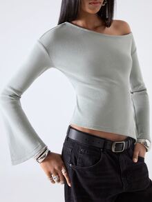 LYSMO Women's Solid Color Asymmetrical Shoulder Casual Daily T-Shirt Everyday Sage Green - Green - View 3