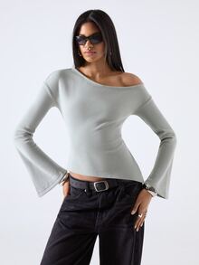LYSMO Women's Solid Color Asymmetrical Shoulder Casual Daily T-Shirt Everyday Sage Green - Green - View 8