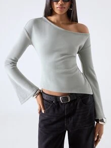 LYSMO Women's Solid Color Asymmetrical Shoulder Casual Daily T-Shirt Everyday Sage Green - Green - View 5