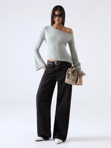 LYSMO Women's Solid Color Asymmetrical Shoulder Casual Daily T-Shirt Everyday Sage Green - Green - View 7