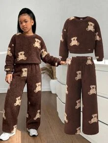 SHEIN Kids Tween Girl Autumn Winter Cartoon Pattern Plush Bear Print Loose Crew Neck Long Sleeve Pullover Sweatshirt And Pleated Wide Leg Long Pants Set - Coffee Brown - View 4