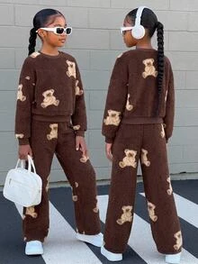SHEIN Kids Tween Girl Autumn Winter Cartoon Pattern Plush Bear Print Loose Crew Neck Long Sleeve Pullover Sweatshirt And Pleated Wide Leg Long Pants Set - Coffee Brown - View 7