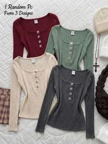 SHEIN Tween Girls Ribbed Crew Kids Neck Elastic Slim Fit All-Match Versatile Simple Long Sleeve T-Shirt, Comfortable 1 Random Pc From 4 Designs - Burgundy - View 3