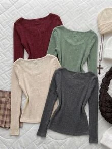 SHEIN Tween Girls Ribbed Crew Kids Neck Elastic Slim Fit All-Match Versatile Simple Long Sleeve T-Shirt, Comfortable 1 Random Pc From 4 Designs - Burgundy - View 6