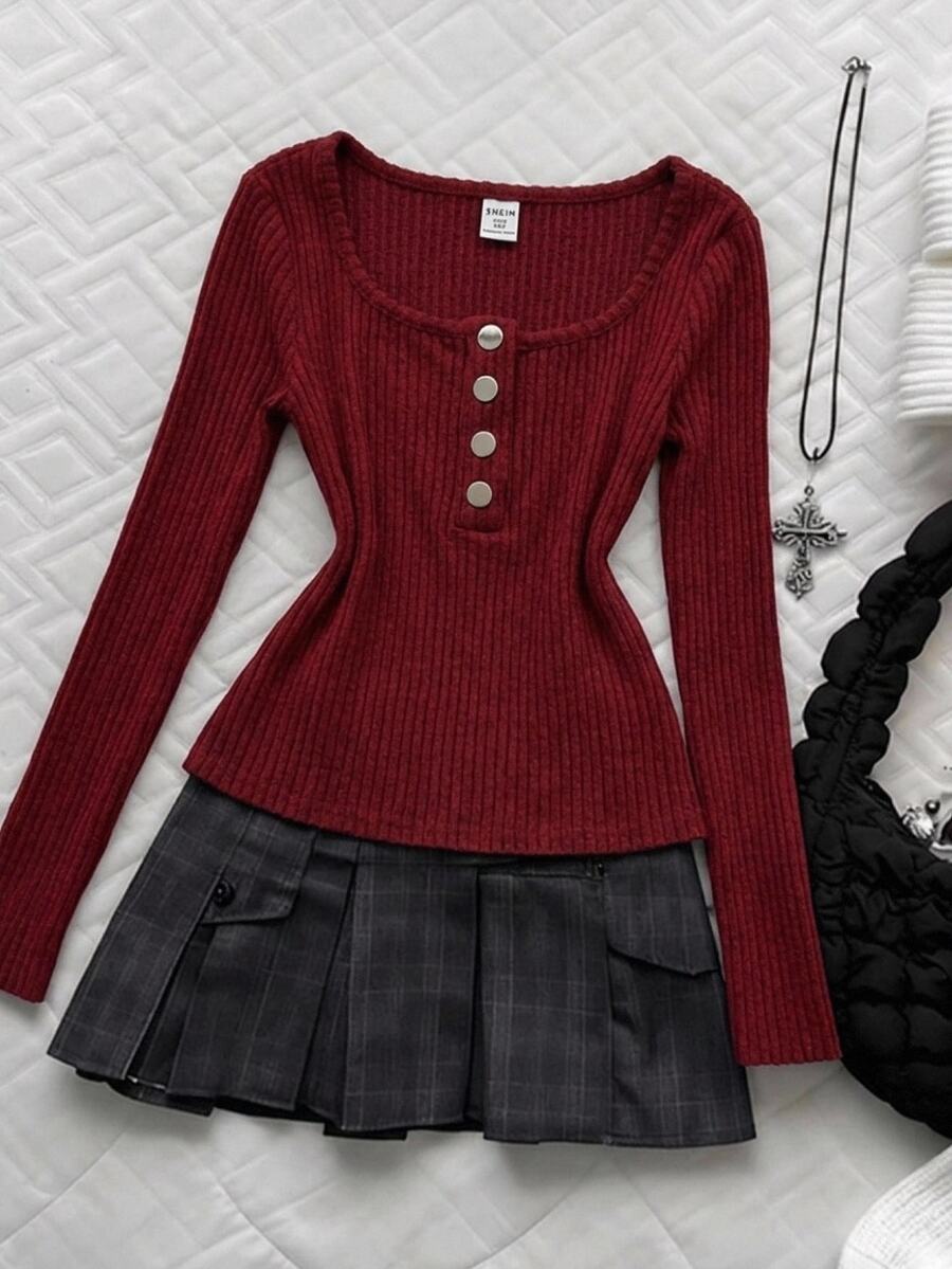 SHEIN Tween Girls Ribbed Crew Kids Neck Elastic Slim Fit All-Match Versatile Simple Long Sleeve T-Shirt, Comfortable 1 Random Pc From 4 Designs - Burgundy - View 1