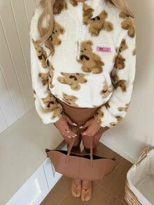 CovetEZ 女款卡通圖案休閒可愛日常居家長袖衛衣，棕色與白色波點秋季泰迪熊毛絨半拉鍊上衣 - 白色 - 查看 7