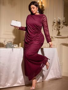 Reflora Plus Size Elegant Pleated Lace Patchwork Dress Christmas Party Dinner Wedding Formal Burgundy Fall - Burgundy - View 5