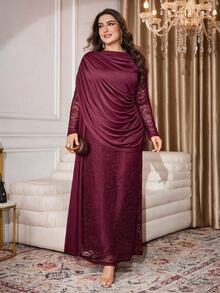 Reflora Plus Size Elegant Pleated Lace Patchwork Dress Christmas Party Dinner Wedding Formal Burgundy Fall - Burgundy - View 1