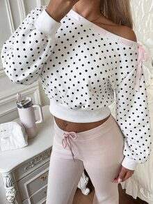 CovetEZ 女款粉色印花繫帶不對稱領短版運動衫，日常居家可愛款，秋冬適用 - 黑與白 - 查看 5