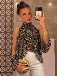 Aloruh Boho Stand Collar Tie Long Sleeve Flared Asymmetrical Hem Chiffon Printed Women's Blouse - Multicolor - View 1
