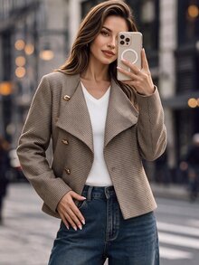 Editum Women's Elegant Casual Mature Metal Button Long Sleeve Overcoat Office Business Black And Polka Dot Fall - Multicolor - View 3