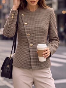 Editum Women's Elegant Casual Mature Metal Button Long Sleeve Overcoat Office Business Black And Polka Dot Fall - Multicolor - View 6