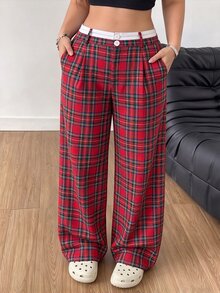 GlowEve CURVE Plus Size Women's Contrast Waist Straight Leg Pants - Red - View 7