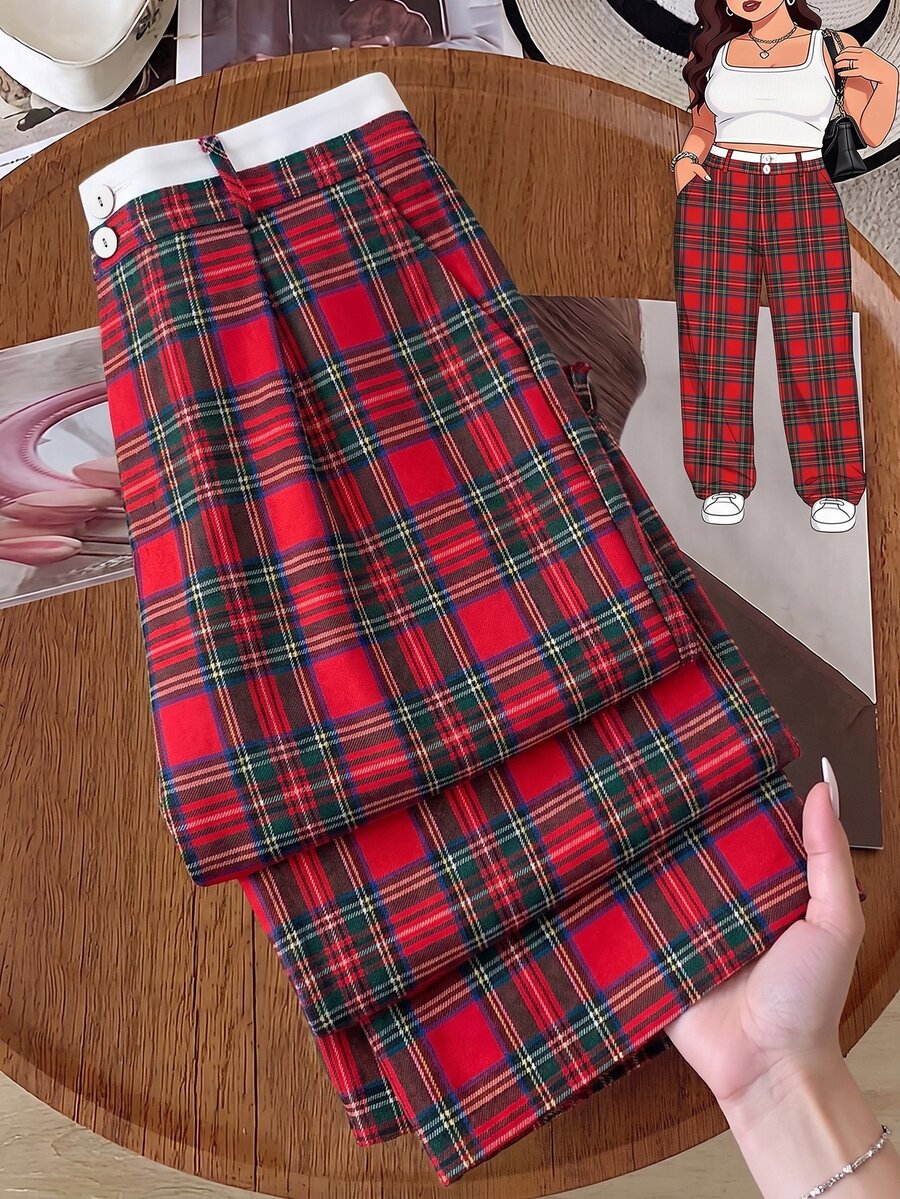 GlowEve CURVE Plus Size Women's Contrast Waist Straight Leg Pants - Red - View 1