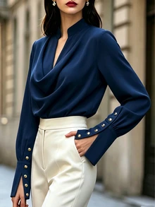 SHEIN Fall Elegant Navy Blue Blouse With Draped Neck, Button-Down Shirt For Women, Commuter Outfit, Split Cuffs With Button Decor Office Dinner - Navy Blue - View 5