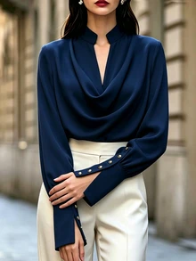 SHEIN Fall Elegant Navy Blue Blouse With Draped Neck, Button-Down Shirt For Women, Commuter Outfit, Split Cuffs With Button Decor Office Dinner - Navy Blue - View 6