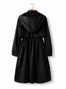 SHEIN Clasi 大尺碼舒適拉鍊長袖人造毛連帽填充外套 冬季辦公室、夜店、外出穿著 黑色休閒隨性寬鬆版型 - 黑色 - 查看 12
