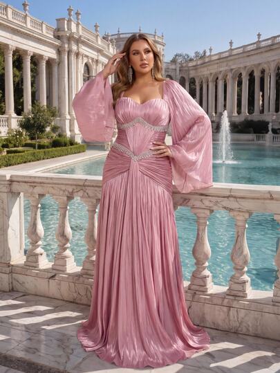 Glamrae Vestido de fiesta elegante y romántico de talla grande, rosa loto, de organza y gasa, con busto fruncido, mangas acampanadas y bajo de sirena, vestido de invitada de boda, vestido de despedida de soltera, vestido de noche formal