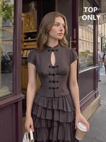 SHEIN MOD Shirt With Frog Button, Stand Collar And Cap Sleeves - Brown - View 7